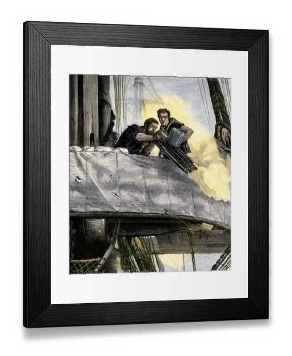 Framed Print : Gatling-gun fired by British sailors, 1870s Framed Print : Gatling-gun fired by British sailors, 1870s