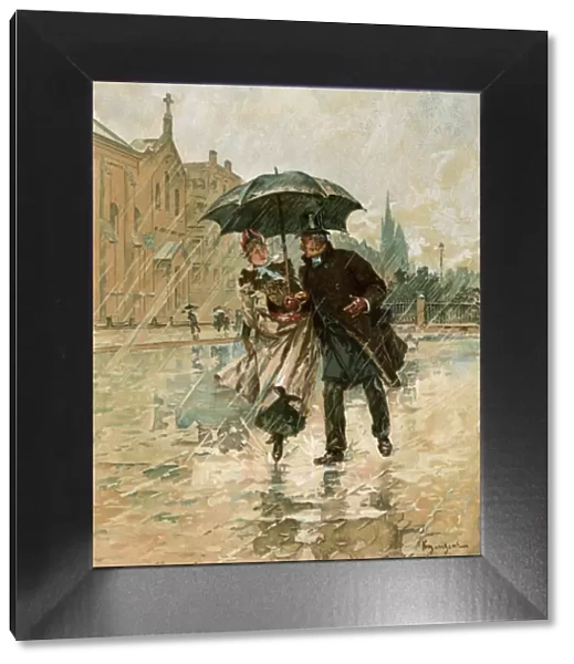 Sharing an umbrella, England, 1800s