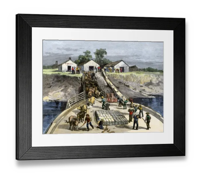Framed Print : Steamboat taking on cargo, Mississippi river, 1800s Framed Print : Steamboat taking on cargo, Mississippi river, 1800s