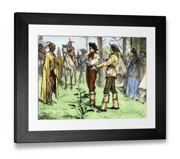 Framed Print : Fur traders and Native Americans conversing in pantomine