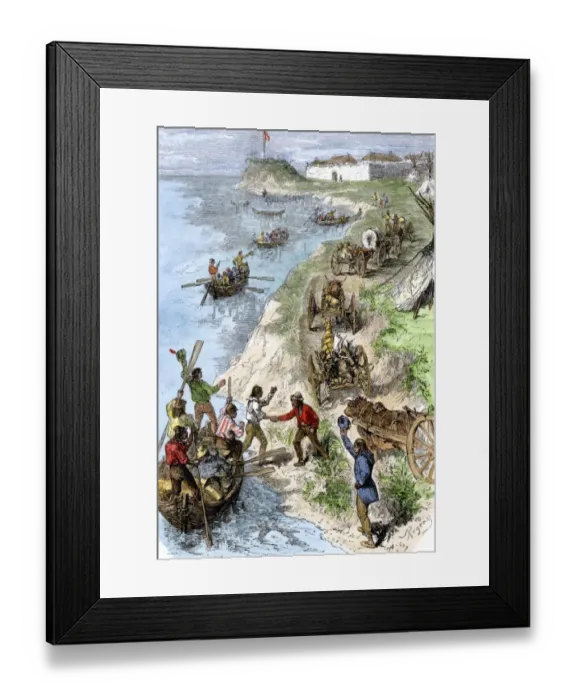 Framed Print : Fur traders arriving at a Hudson Bay Company post in boats and wagons Framed Print : Fur traders arriving at a Hudson Bay Company post in boats and wagons