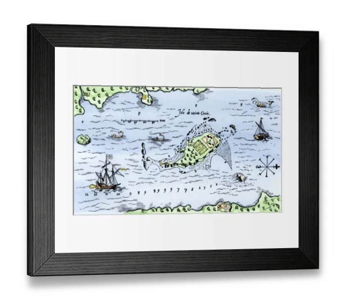Framed Print : Map of Champlains settlement on the Isle de Sainte Croix Framed Print : Map of Champlains settlement on the Isle de Sainte Croix