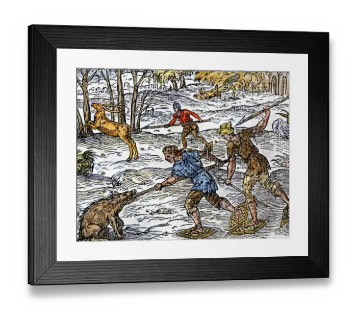Framed Print : Early settlers hunting on snowshoes in Canada Framed Print : Early settlers hunting on snowshoes in Canada