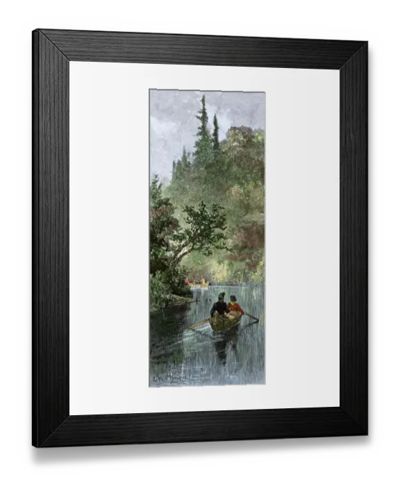 Framed Print : French traders canoeing on a river in the forests of North America Framed Print : French traders canoeing on a river in the forests of North America