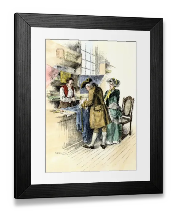 Framed Print : Couple in a dry-goods shop in colonial America Hand-colored woodcut of a