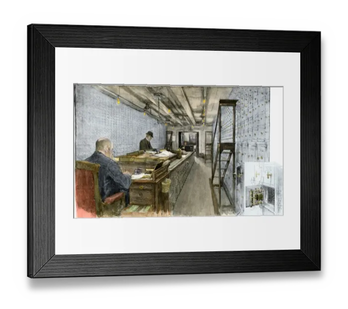 Framed Print : Main room of a bank vault with walls of safe-deposit boxes Framed Print : Main room of a bank vault with walls of safe-deposit boxes