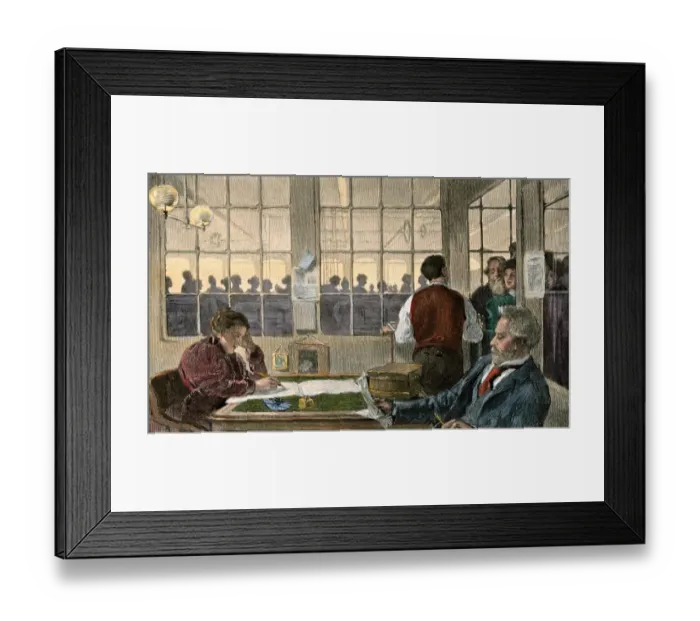 Framed Print : Textile workers collecting their pay, 1890s Framed Print : Textile workers collecting their pay, 1890s