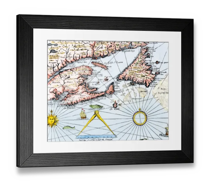Framed Print : Samuel de Champlains map of the Gaspee and Gulf of the Saint Lawrence River