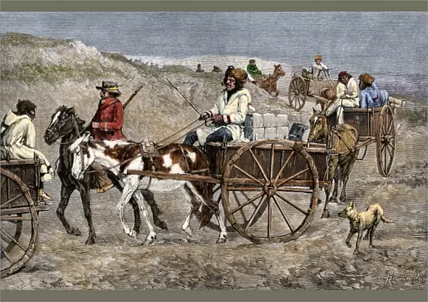 Trappers hauling furs to a Canadian trading post