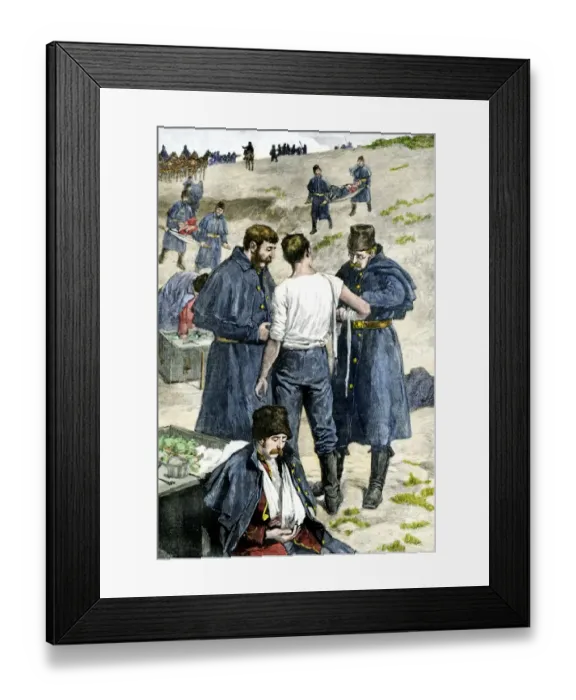 Framed Print : Wounded men carried from a fight with insurgents at Fish Creek during the Riel
