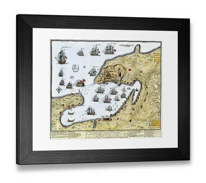 Framed Print : Louisbourg, Canada, besieged by New Englanders under the British flag Framed Print : Louisbourg, Canada, besieged by New Englanders under the British flag