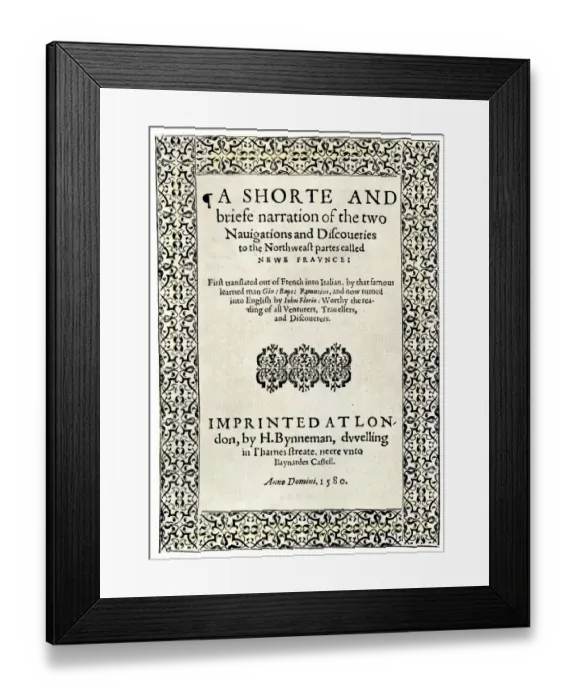 Framed Print : Title page of the London edition of Jacques Cartiers book about his discoveries
