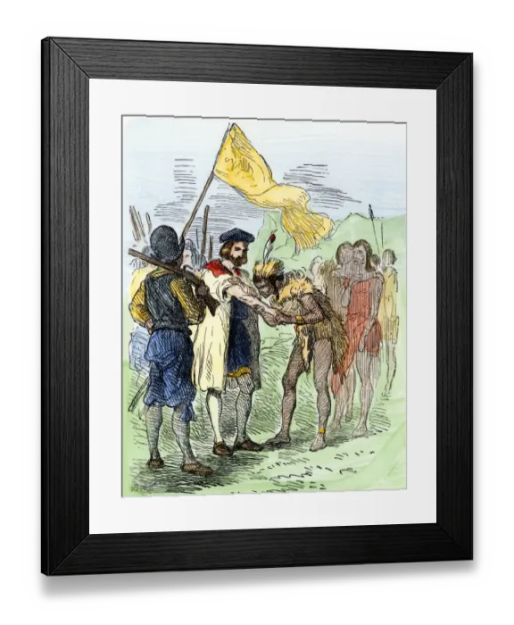 Framed Print : Jacques Cartier embraced by Donnacona