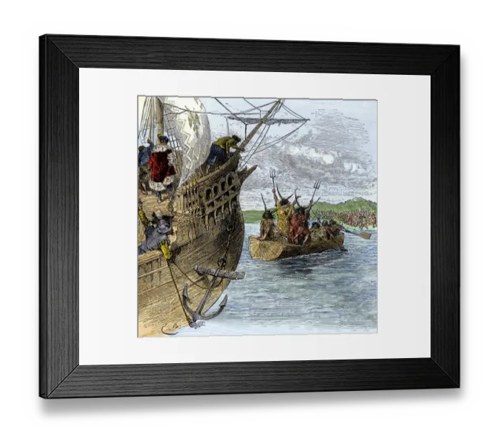 Framed Print : Huron chief Donnacona warns Cartiers expedition not to sail up the St Lawrence Framed Print : Huron chief Donnacona warns Cartiers expedition not to sail up the St Lawrence
