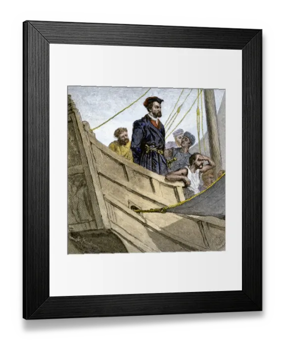 Framed Print : Jacques Cartier aboard ship arriving on the shore of Canada Framed Print : Jacques Cartier aboard ship arriving on the shore of Canada