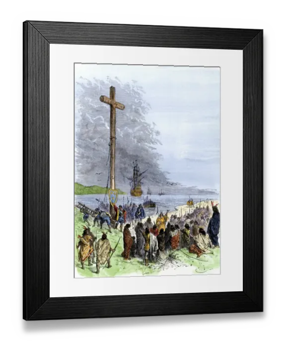 Framed Print : Jacques Cartier erects a cross along the Saint Lawrence River Framed Print : Jacques Cartier erects a cross along the Saint Lawrence River