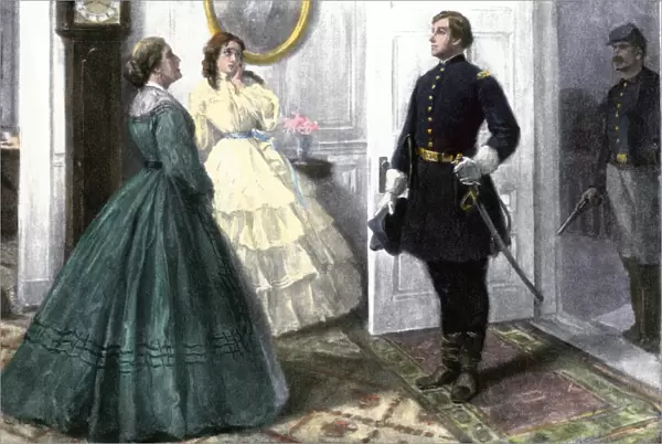 Civilian ladies questioned by Union officer, Civil War