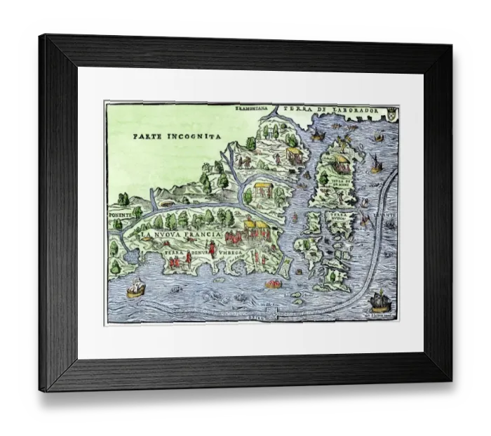Framed Print : Map of New France, 1550, showing the coast of Canada and the Gulf of Saint Lawrence Hand-colored woodcut Framed Print : Map of New France, 1550, showing the coast of Canada and the Gulf of Saint Lawrence Hand-colored woodcut