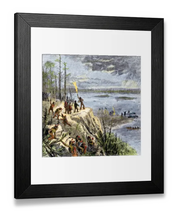 Framed Print : Samuel de Champlain and his Huron allies going to fight the Iroquois