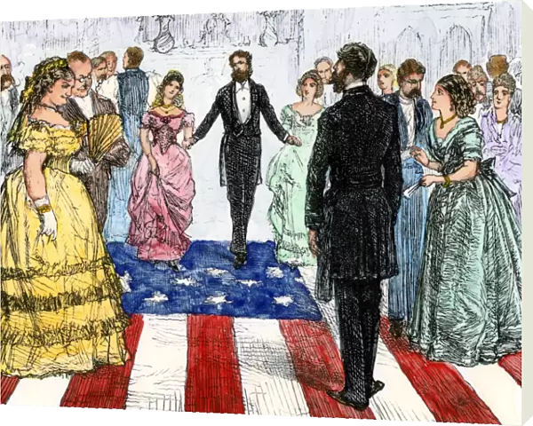 Confederate President Davis dancing on a US flag, 1862
