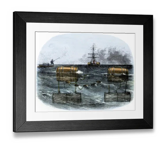 Framed Print : Confederate explosive mines blocking a river, Civil War Framed Print : Confederate explosive mines blocking a river, Civil War