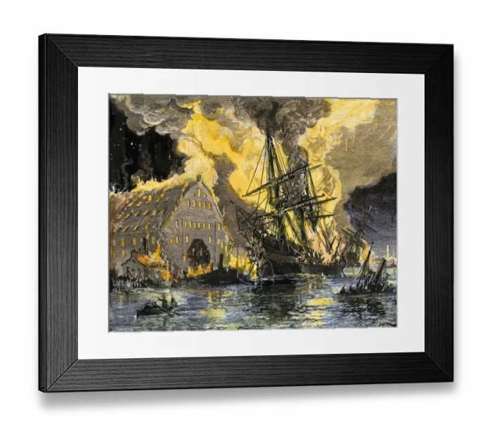 Framed Print : US frigate Merrimac on fire during Confederate burning of Gosport Framed Print : US frigate Merrimac on fire during Confederate burning of Gosport