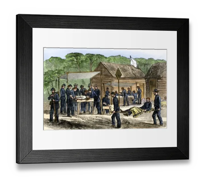 Framed Print : Litter-bearers bringing wounded men to a Union army field hospital after a