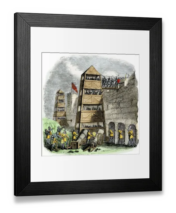 Framed Print : Breaching tower, archers, and cannon used in a siege during the Hundred Years War Framed Print : Breaching tower, archers, and cannon used in a siege during the Hundred Years War
