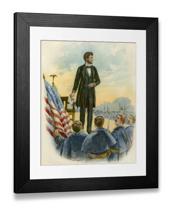 Framed Print : President Lincoln giving his speech at the Gettysburg battlefield during Framed Print : President Lincoln giving his speech at the Gettysburg battlefield during
