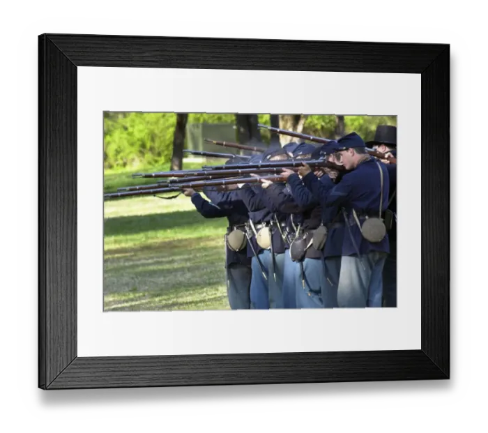 Framed Print : Union infantry reenactors firing their rifles at Shiloh National Military Park Framed Print : Union infantry reenactors firing their rifles at Shiloh National Military Park