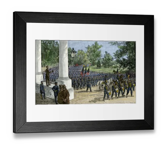 Framed Print : Union troops reviewed by President Lincoln as they march past the White House Framed Print : Union troops reviewed by President Lincoln as they march past the White House