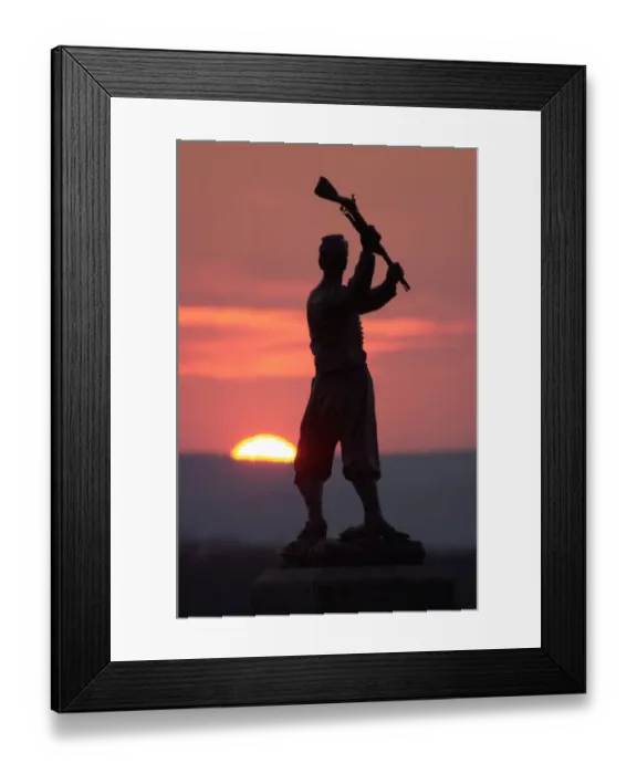Framed Print : Memorial statue of a Civil War soldier on Cemetery Ridge at sunset