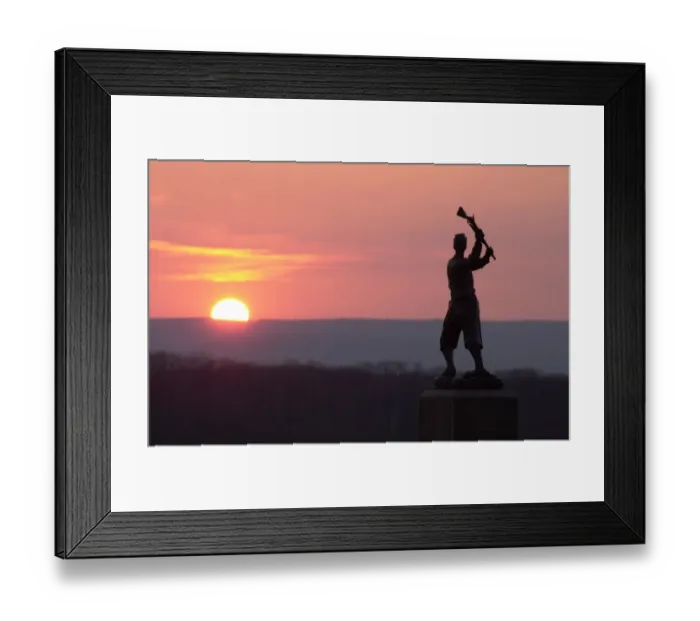 Framed Print : Memorial statue of a Civil War soldier on Cemetery Ridge at sunset