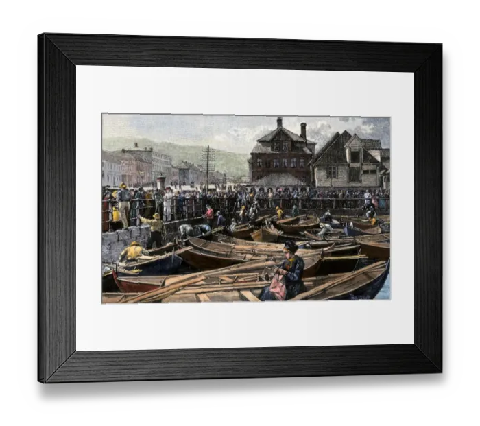 Framed Print : Fish market at a Norwegian port, 1880s Framed Print : Fish market at a Norwegian port, 1880s
