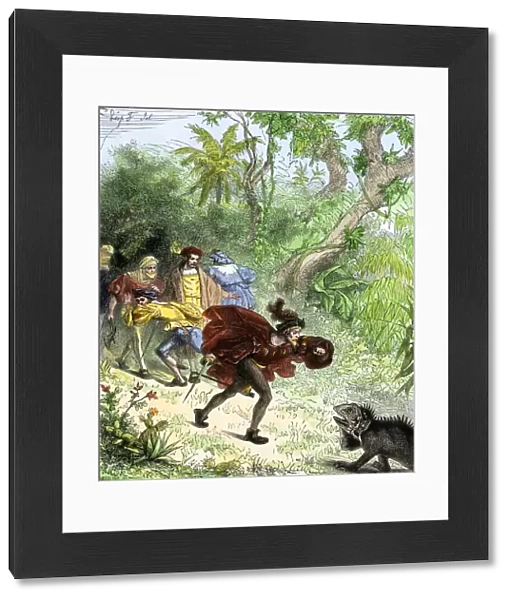 Columbus encountering an iguana