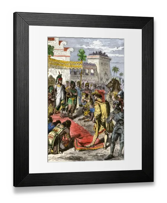Framed Print : Meeting of Hernando Cortes and Aztec emperor Montezuma II in Tenochtitlan