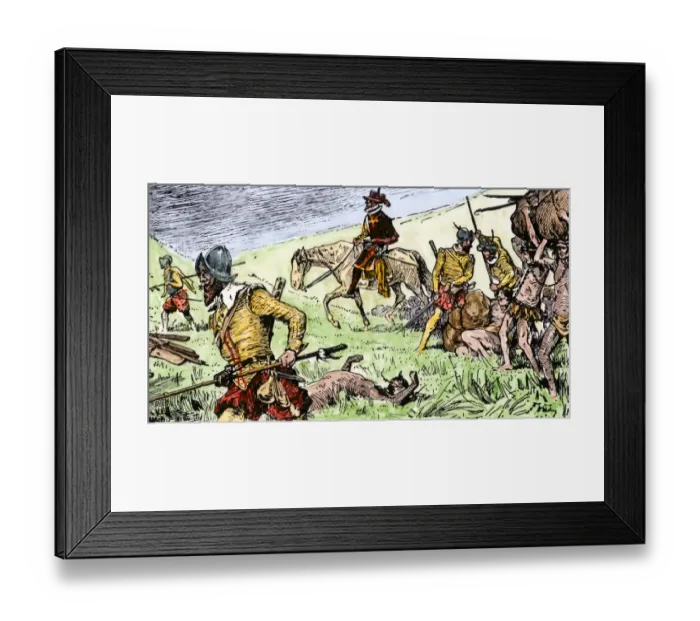 Framed Print : Spanish conquistadors using Native American captives to carry burdens Framed Print : Spanish conquistadors using Native American captives to carry burdens