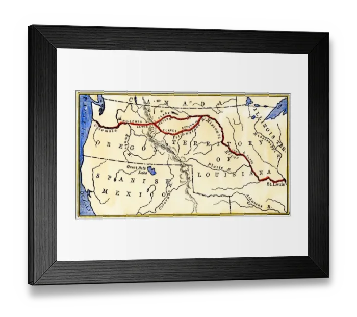 Framed Print : Map of the Lewis and Clark route across Louisiana Territory Framed Print : Map of the Lewis and Clark route across Louisiana Territory