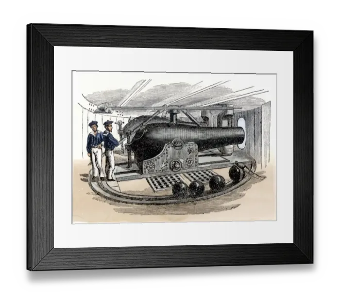 Framed Print : Artillery inside the revolving turret of the ironclad US gunboat Monitor during Framed Print : Artillery inside the revolving turret of the ironclad US gunboat Monitor during