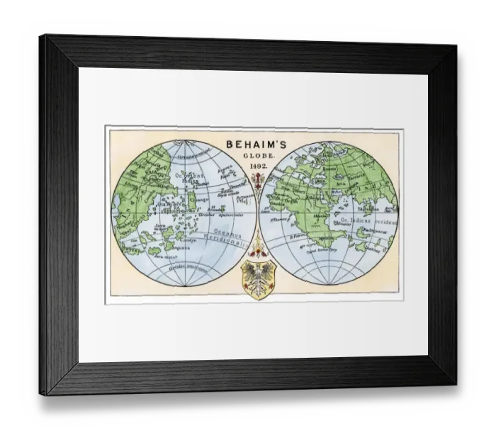 Framed Print : Behaims 1492 globe showing a round Earth but no New World Framed Print : Behaims 1492 globe showing a round Earth but no New World