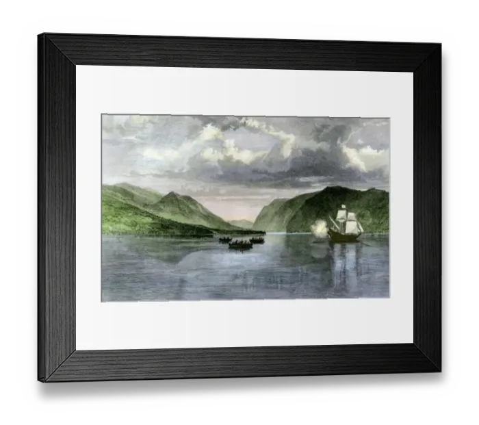 Framed Print : Henry Hudsons ship Half Moon meets Native Americans in the Hudson Framed Print : Henry Hudsons ship Half Moon meets Native Americans in the Hudson