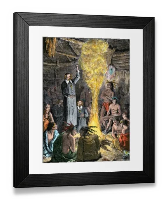 Framed Print : French missionaries preaching to Native Americans Framed Print : French missionaries preaching to Native Americans