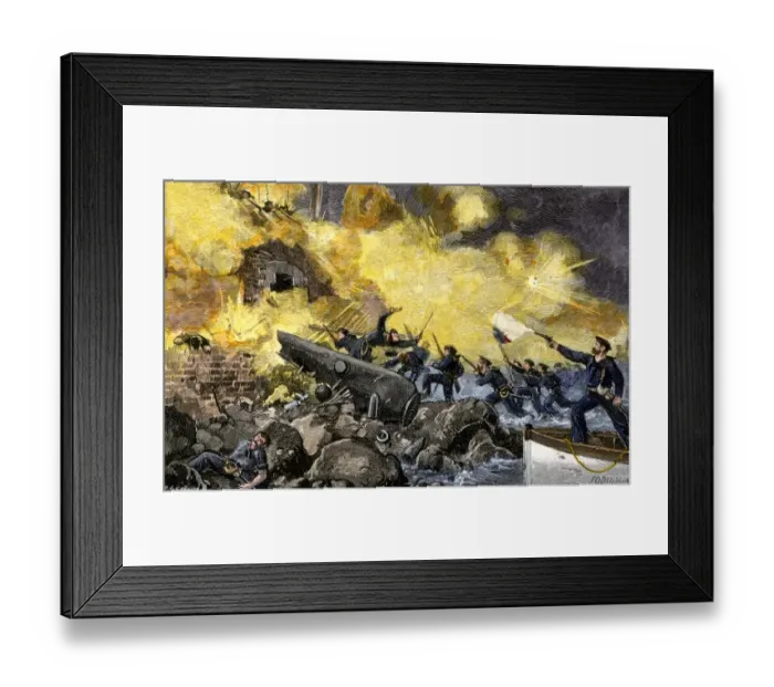 Framed Print : Boat attack by Federal forces retaking Fort Sumter in Charleston harbor Framed Print : Boat attack by Federal forces retaking Fort Sumter in Charleston harbor