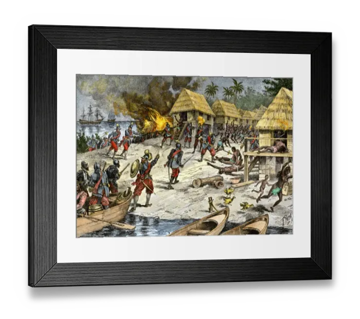 Framed Print : Bartholomew Columbuss cruel destruction of native villages on Hispaniola