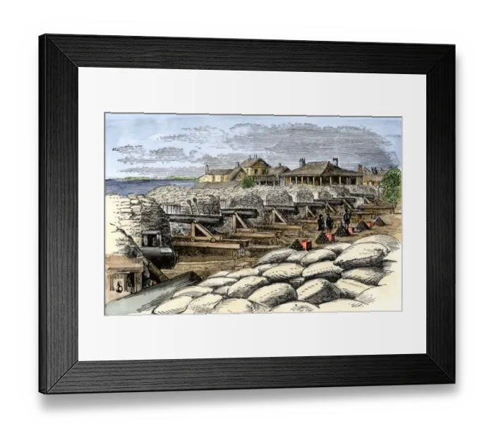 Framed Print : Sandbag battery at Fort Moultrie with artillery aimed at Fort Sumter during Framed Print : Sandbag battery at Fort Moultrie with artillery aimed at Fort Sumter during