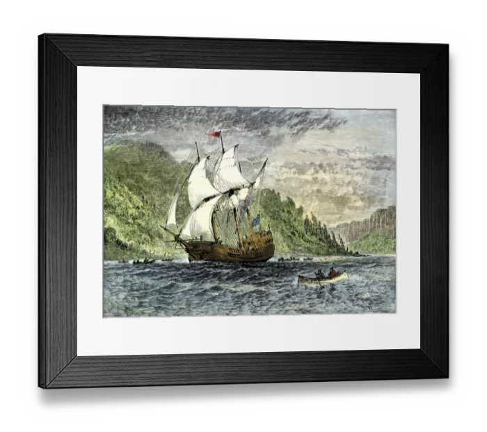 Framed Print : Henry Hudsons ship Half-Moon ascending the Hudson River Framed Print : Henry Hudsons ship Half-Moon ascending the Hudson River