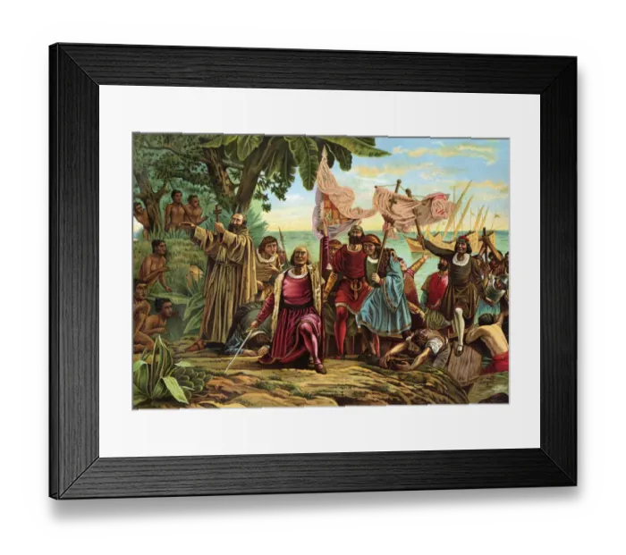 Framed Print : Landing of Columbus expedition on the island of Guanahane in 1492 Framed Print : Landing of Columbus expedition on the island of Guanahane in 1492