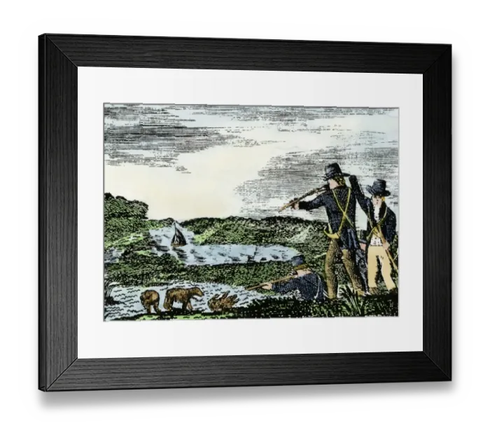 Framed Print : Lewis and Clark shoot a grizzly bear Framed Print : Lewis and Clark shoot a grizzly bear