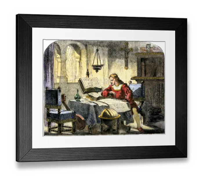 Framed Print : Christopher Columbus studying a map in his studio in Spain 1400s Framed Print : Christopher Columbus studying a map in his studio in Spain 1400s