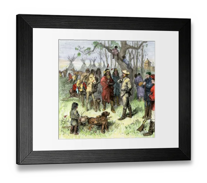 Framed Print : Hudson Bay Company traders discuss the price of a horse with Native Americans Framed Print : Hudson Bay Company traders discuss the price of a horse with Native Americans
